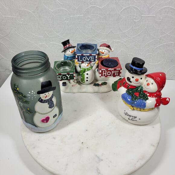 VTG Snowman Lot Yankee Candle Jar Light Holder Couple Hinged Trinket Box 1999 - Picture 9 of 16